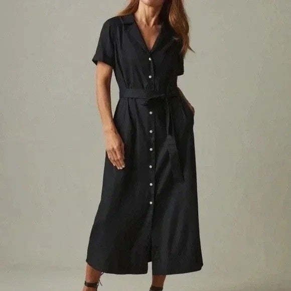American Giant Black Linen Blend Button Front Belted Midi Shirt Dress Size S