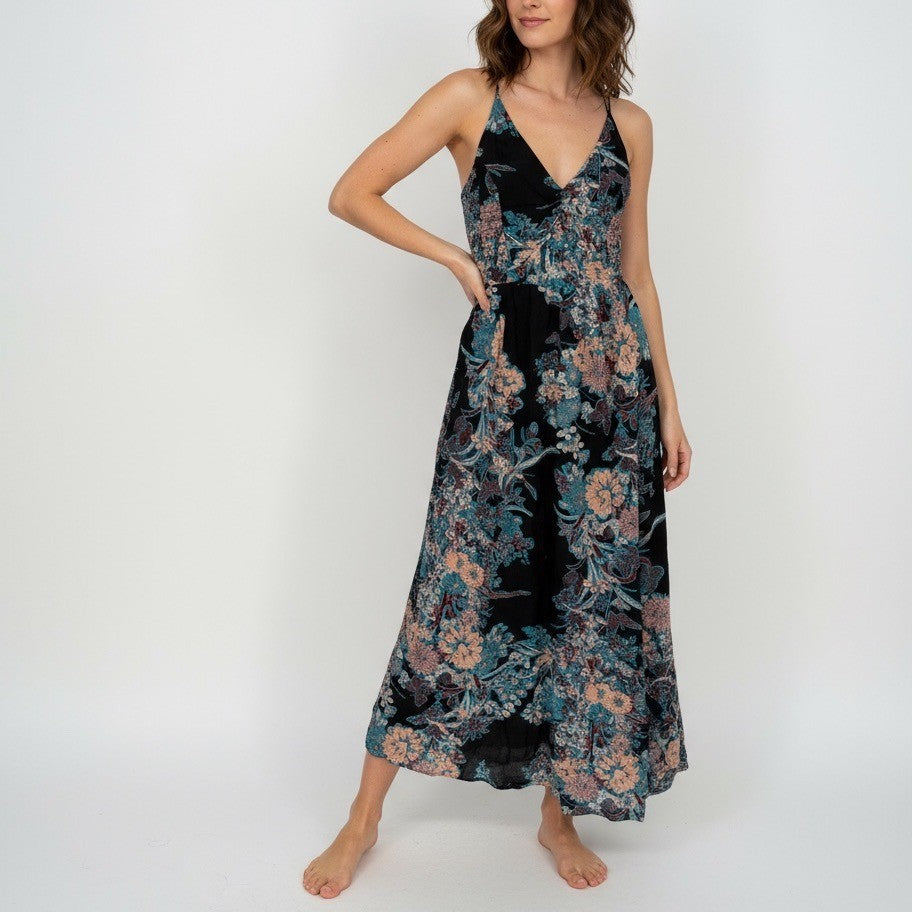 Free People Intimately Black Floral Maxi Dress Spaghetti Strap V Neck S