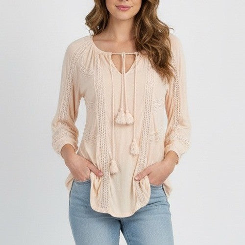 Lucky Brand Peachy Pink Lace Trim Tassel Tie Boho Peasant Blouse Top S