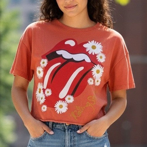 The Rolling Stones Daisy Lips Cropped T Shirt Orange Cotton Size S