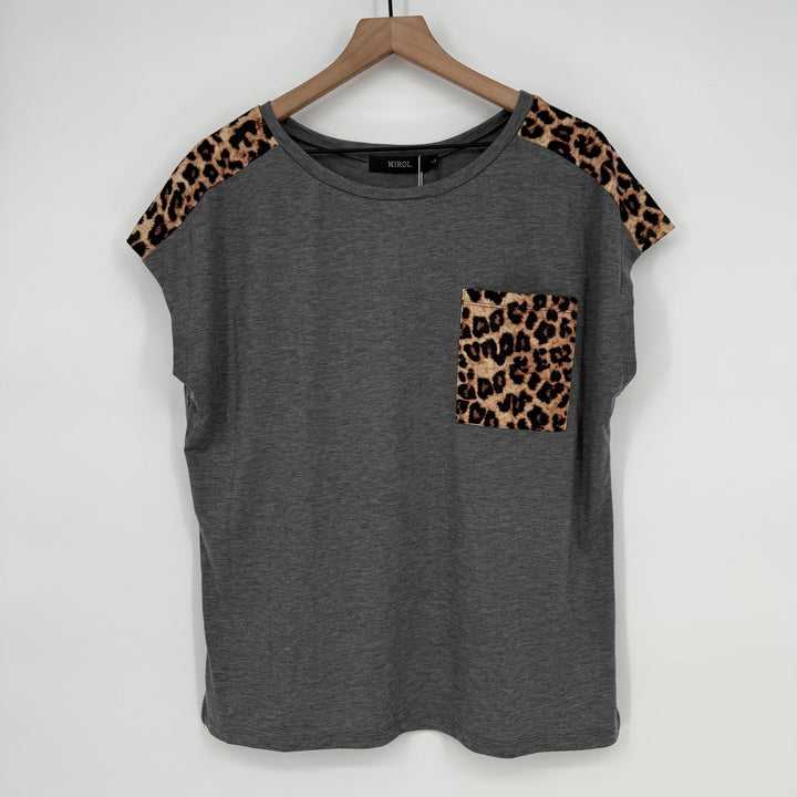 MIROL Women's Gray Leopard Pocket Cap Sleeve T-Shirt Top Size L
