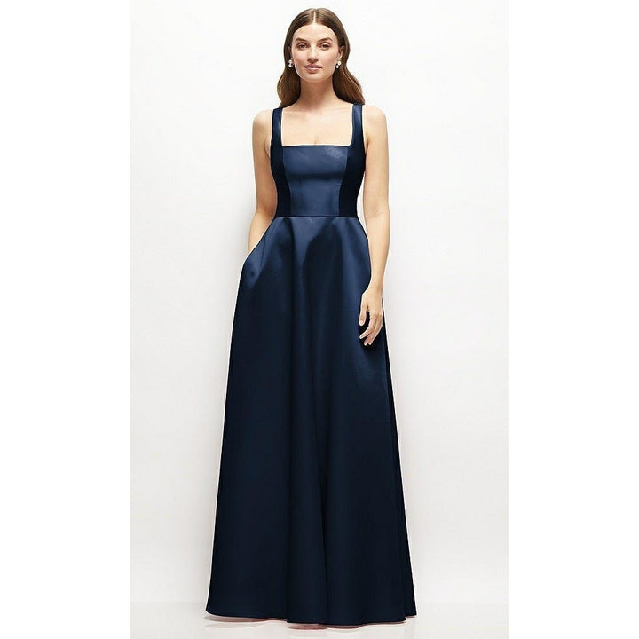 Dessy Collection Square-Neck Satin Maxi Dress With Full Skirt In Midnight Navy