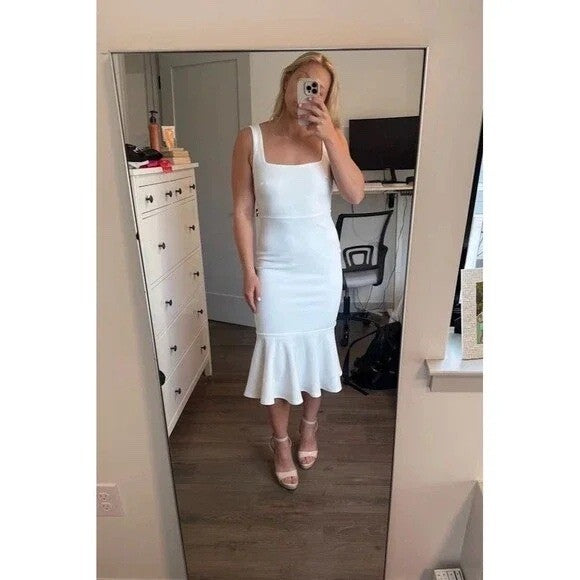 Lulus Moment Maker White Square Neck Trumpet Midi Dress Size M