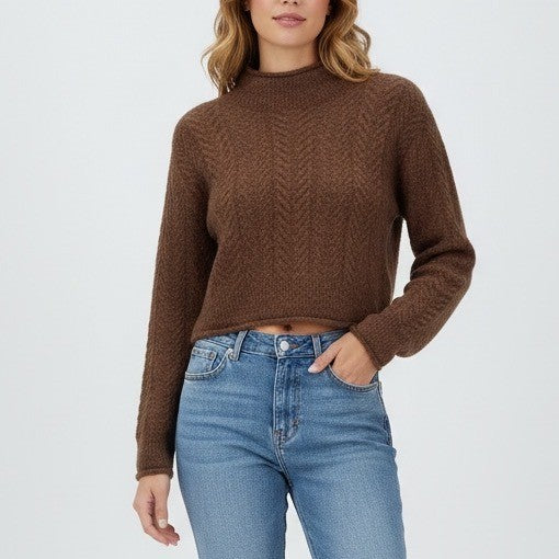 ASTR The Label Brown Chevron Knit Mock Neck Cropped Sweater Size M