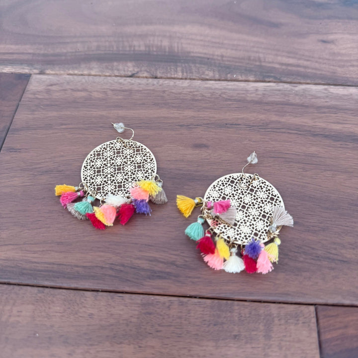Boho Gold Tone Round Filigree Dangle Earrings Colorful Tassel Drop