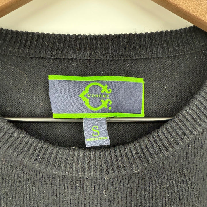 C Wonder Black Knit Sweater Cream Bow Applique Crew Neck Long Sleeve Size S