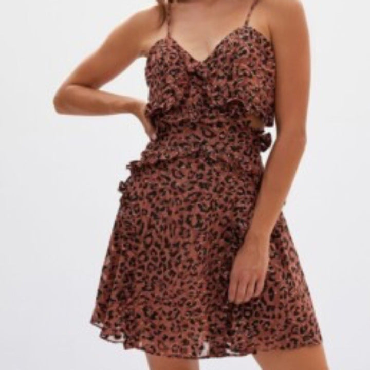 Bardot Leopard Frill Cut Out Mini Dress Size 12/XL