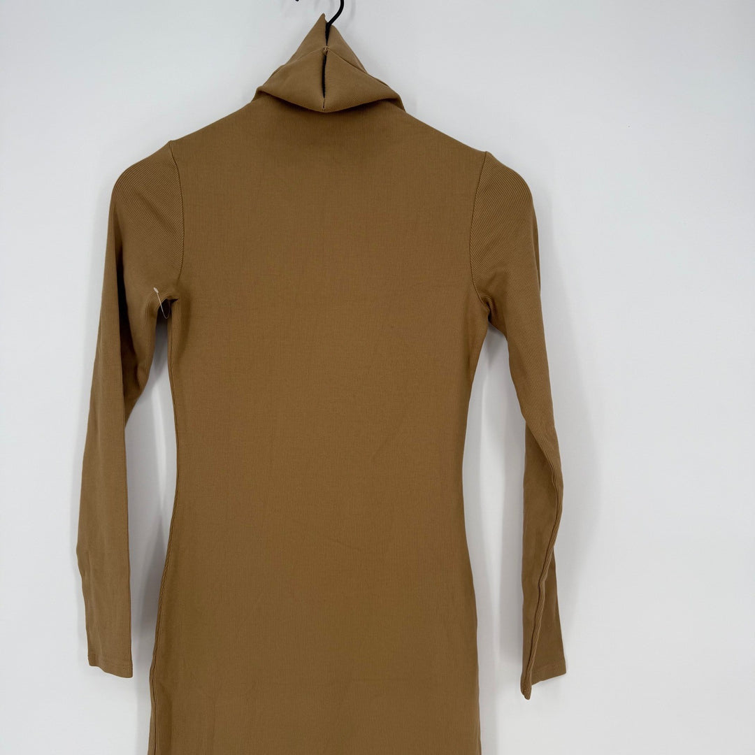 AG Adriano Goldschmied Ribbed Knit Turtleneck Midi Dress Camel Brown Size S