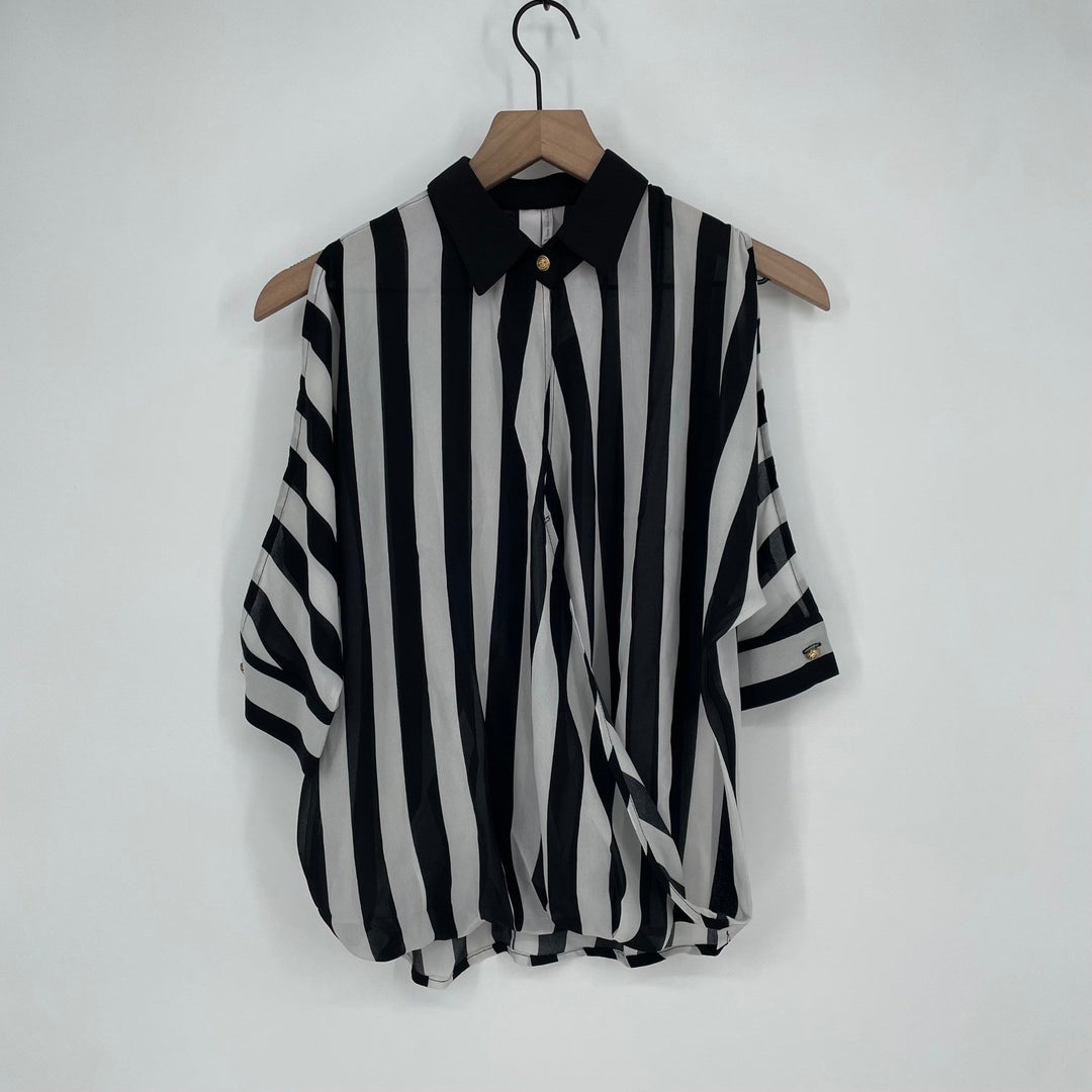 Line & Dot Black White Stripe Cold Shoulder Collared Blouse XS