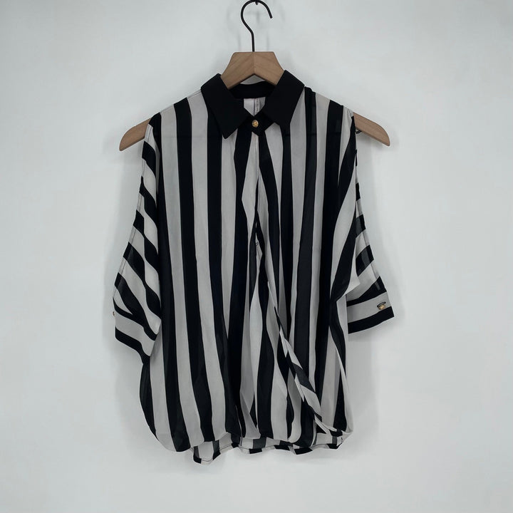 Line & Dot Black White Stripe Cold Shoulder Collared Blouse XS