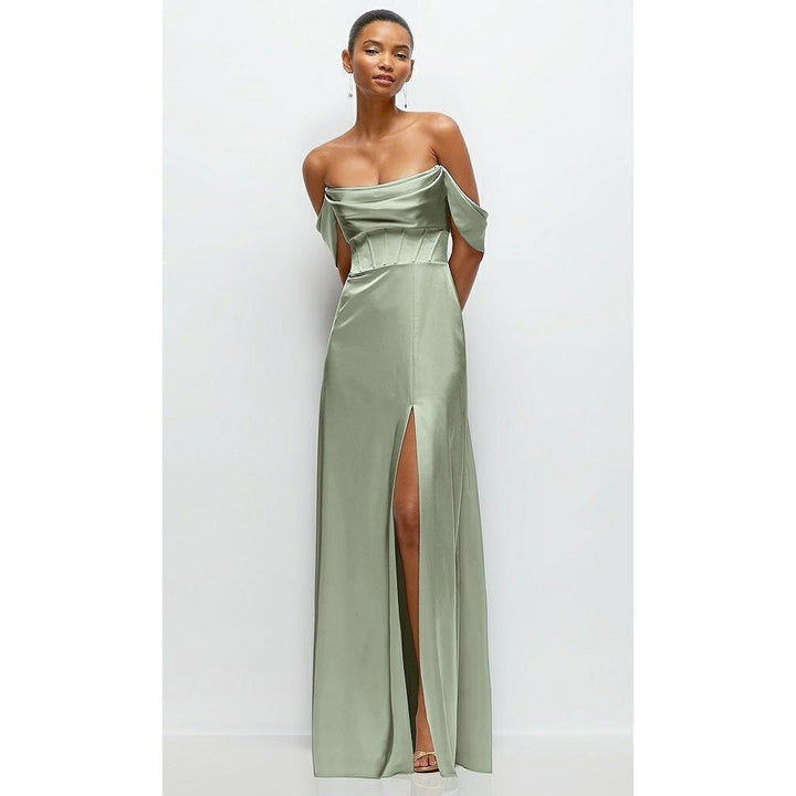 AFTER SIX Sage Green Satin Corset Drape Neck Off Shoulder Maxi Dress Size 12 R