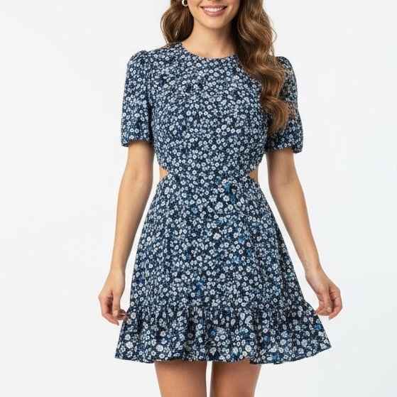 French Connection Floral Cutout Ruffle Dress Navy Blue XS 4 Puff Sleeve