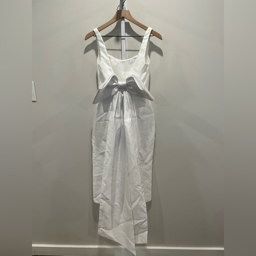 Alfred Sung Scoop Neck Corset Satin Midi Dress With Floor-Length Bow Size 0