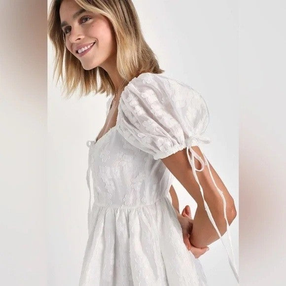 Lulus Exceptionally Angelic White Floral Puff Sleeve Mini Dress Size L
