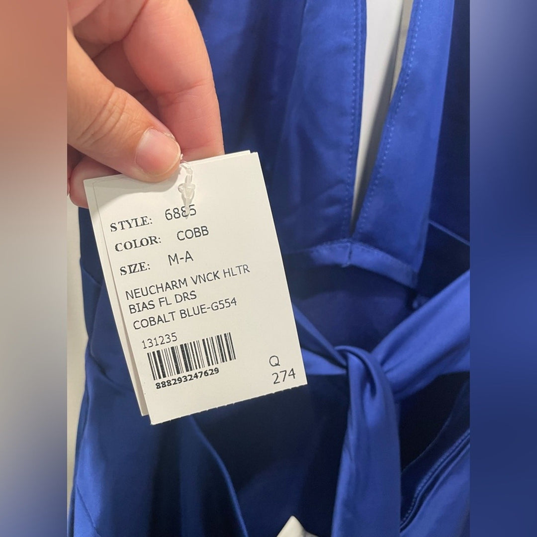 After Six Plunge Halter Open-Back Maxi Bias Dress With Low Back Size M