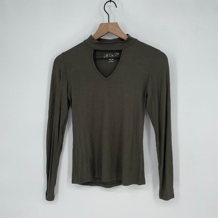 Hippie Kulse Long Sleeve Mock Neck Cutout Knit Top Olive Green Size XS