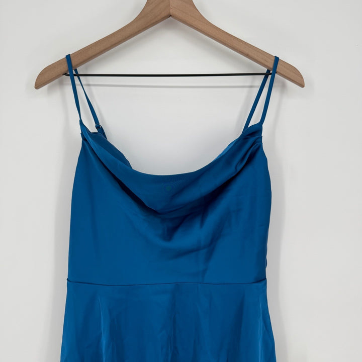 Lulus Fanciful Flirt Royal Blue Satin Cowl Neck Skater Mini Dress Size S