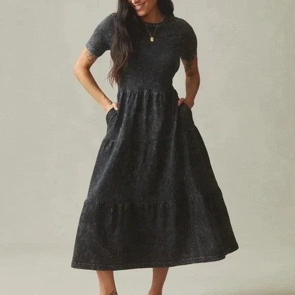 American Giant Black Acid Wash Tiered Midi Dress Size S Made in USA