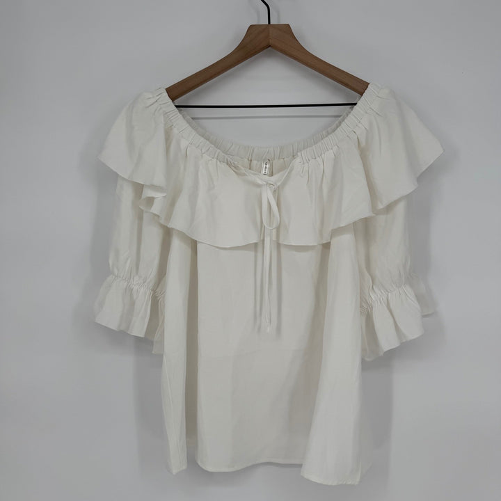 White Off Shoulder Ruffle Blouse Top 3/4 Sleeve Tie Neck Sheer Flowy Plus Size L