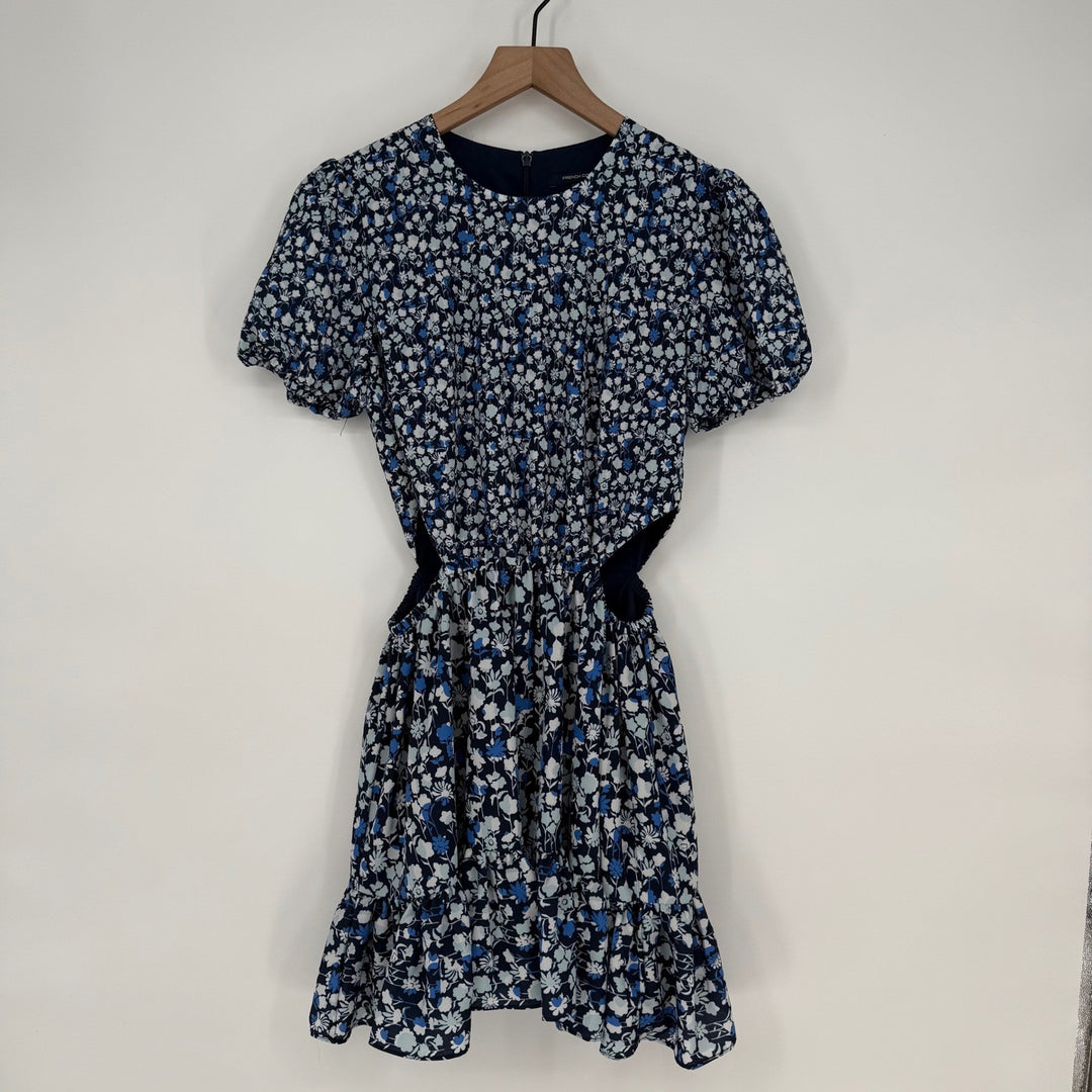French Connection Floral Cutout Ruffle Dress Navy Blue XS 4 Puff Sleeve