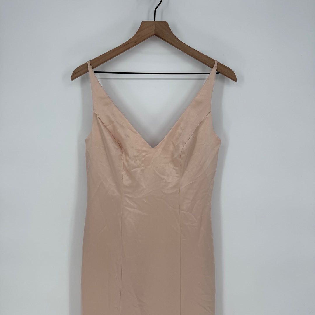 After Six Beige Satin V Neck Spaghetti Strap Floor Length Gown Dress Sz 4
