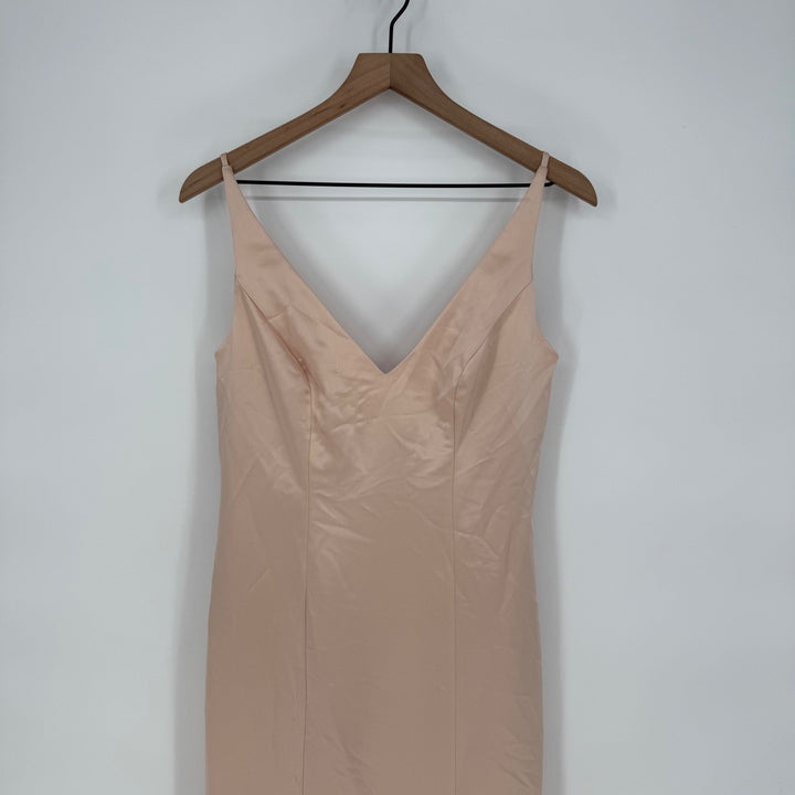 After Six Beige Satin V Neck Spaghetti Strap Floor Length Gown Dress Sz 4