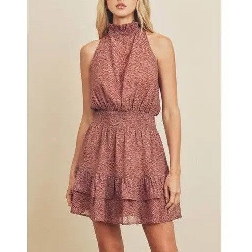 Olivia Grey Dress Animal Print Ruffle Mock Neck Sleeveless Mini Size M