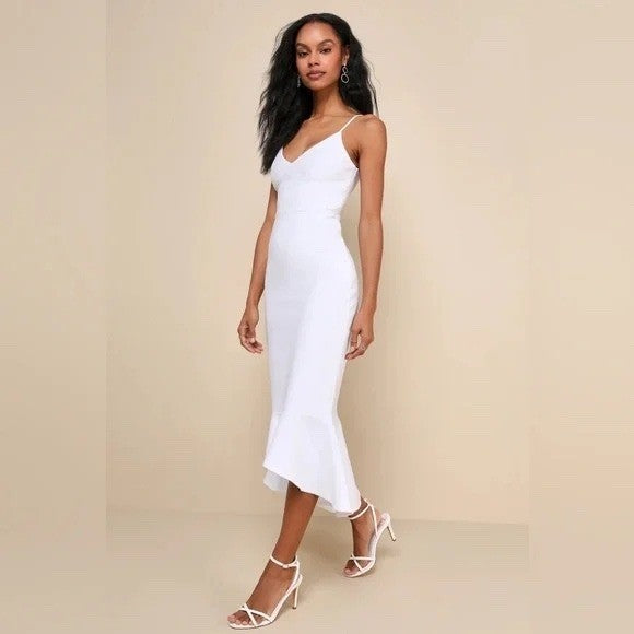 Lulus Stun Like Me White Bodycon Trumpet Hem Midi Dress Size M