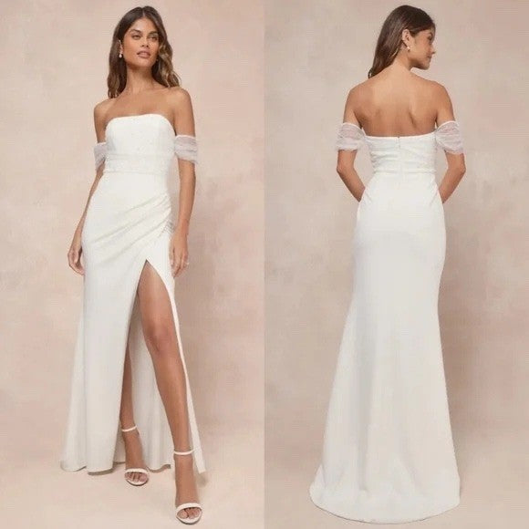Lulus Profound Glamour Ivory Pearl Off-The-Shoulder Tulip Maxi Dress Size S