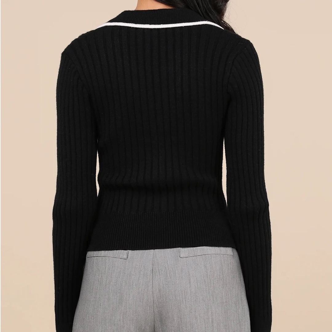 Lulus Black Ribbed Collared Button Up Cardigan Sweater Cream Trim Size M