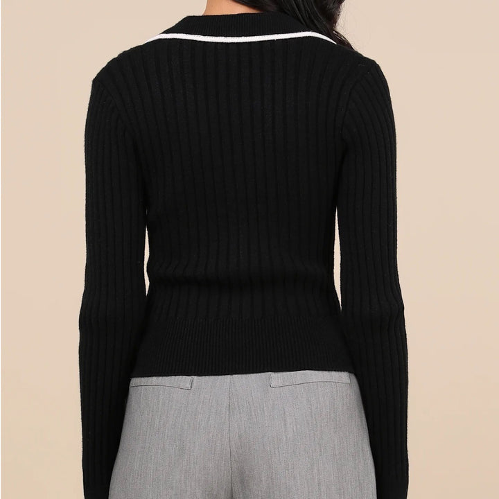 Lulus Black Ribbed Collared Button Up Cardigan Sweater Cream Trim Size M