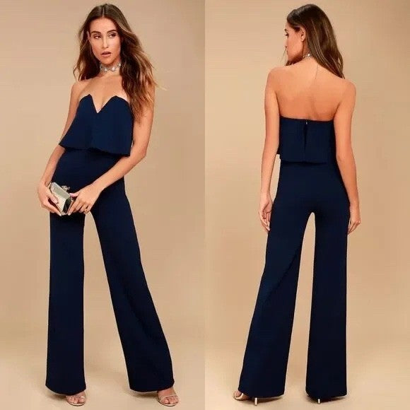 Lulus Power Of Love Navy Blue Strapless Jumpsuit Size XS
