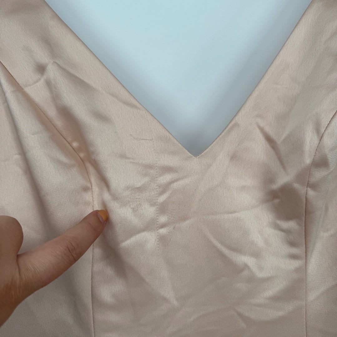 After Six Beige Satin V Neck Spaghetti Strap Floor Length Gown Dress Sz 4