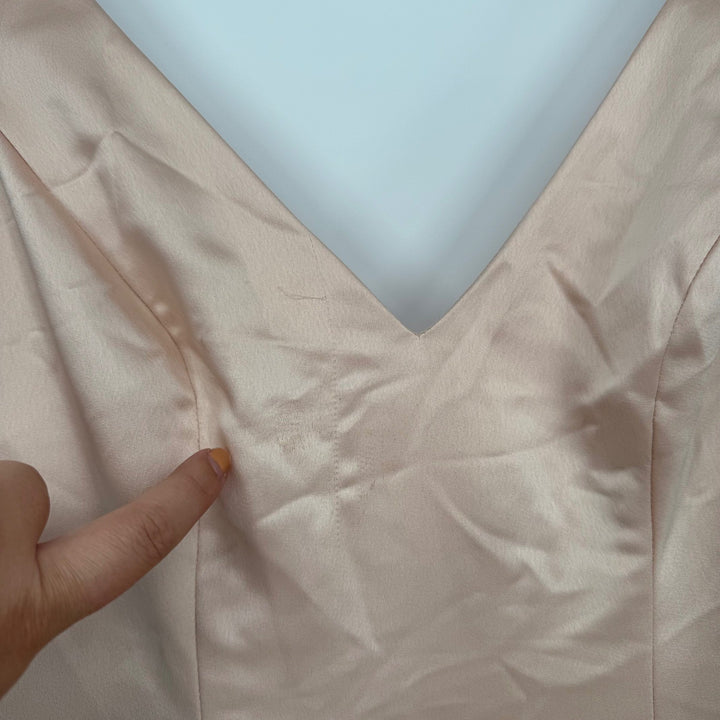 After Six Beige Satin V Neck Spaghetti Strap Floor Length Gown Dress Sz 4