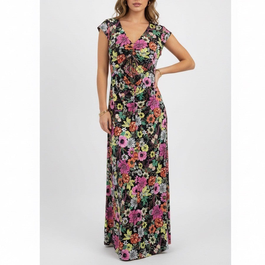 AFRM Floral Ruched Drawstring Maxi Dress Noir Garden L