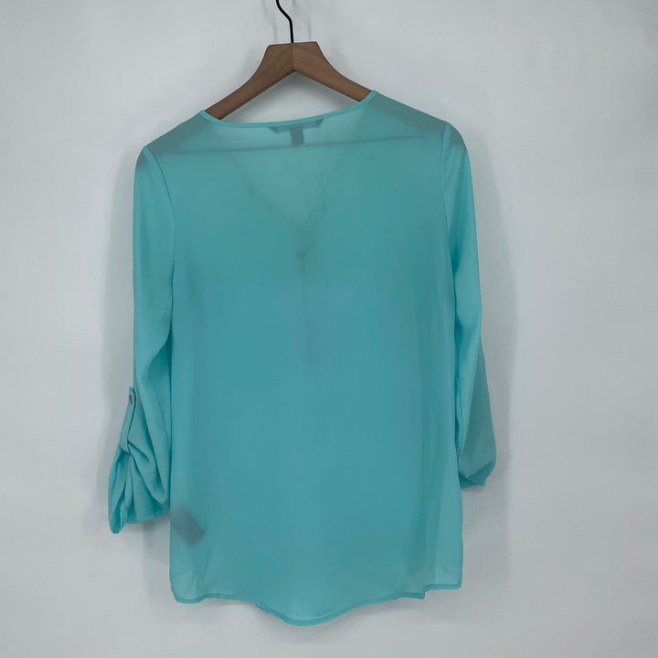 ZAC & RACHEL Turquoise V Neck Half Zip Roll Tab Sleeve Blouse Shirt Top Size S