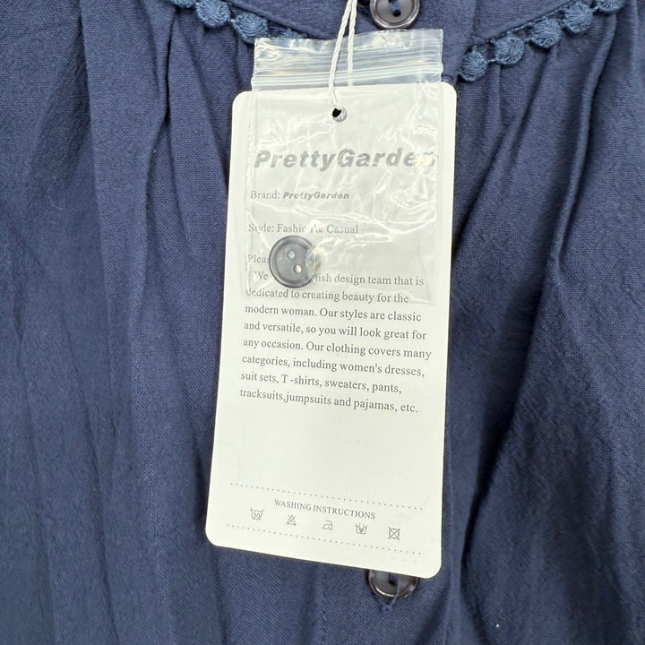 Pretty Garden Navy Blue Puff Sleeve Button Down Shirt Women's XL Casual