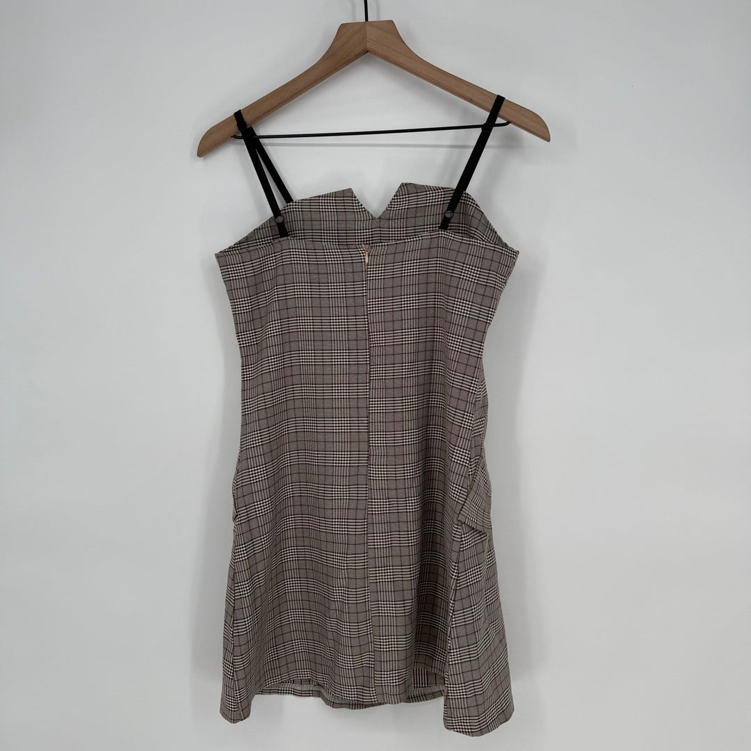 Plaid Button Front Mini Dress Sweetheart Neckline Adjustable Straps Pockets