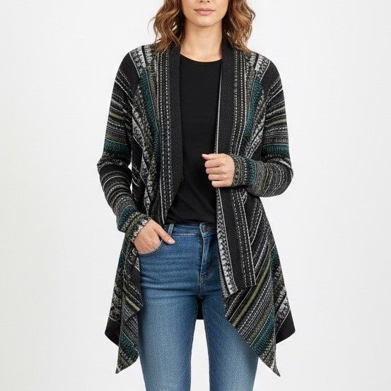 Splendid Women's Black Geometric Print Waterfall Cardigan Sweater Lightweight XS