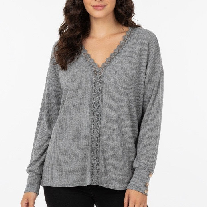 Gray Ribbed Long Sleeve Lace Trim V-Neck Button Cuff Casual Top Women's L