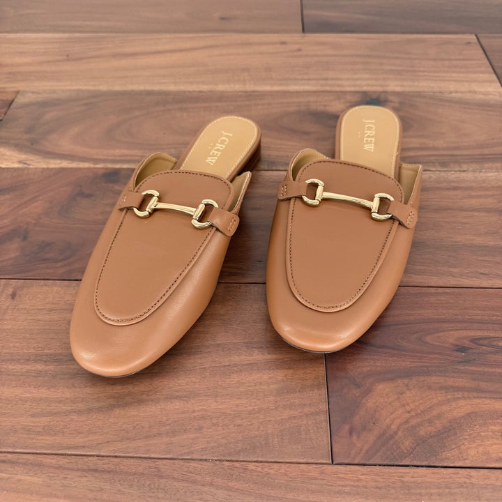 J Crew Tan Leather Horsebit Mules Loafers Slip On Flats Shoes Size 7.5
