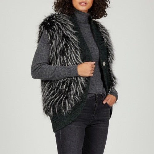 Collection Eighteen Women's Black Faux Fur Knit Vest Cardigan Size M L