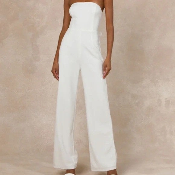 Lulus Marvelous Glow White Strapless Pearl Tie-Back Jumpsuit Size S