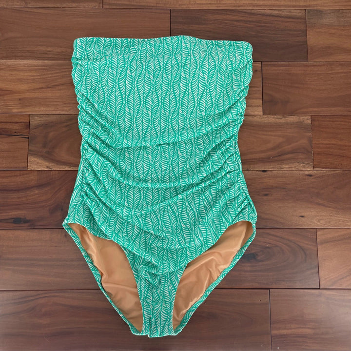J.Crew Ruched Strapless One Piece Swimsuit Green White Leaf Print Size L