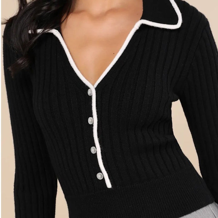 Lulus Black Ribbed Collared Button Up Cardigan Sweater Cream Trim Size M