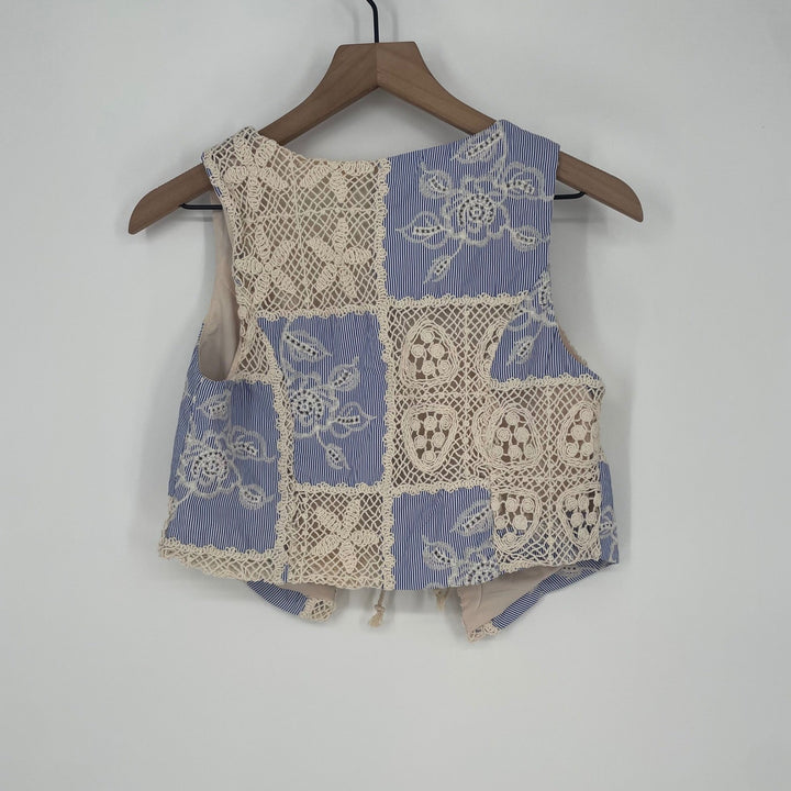 Lulus Elfreda Blue And Cream Crochet Knit Patchwork Tie-Front Size XS
