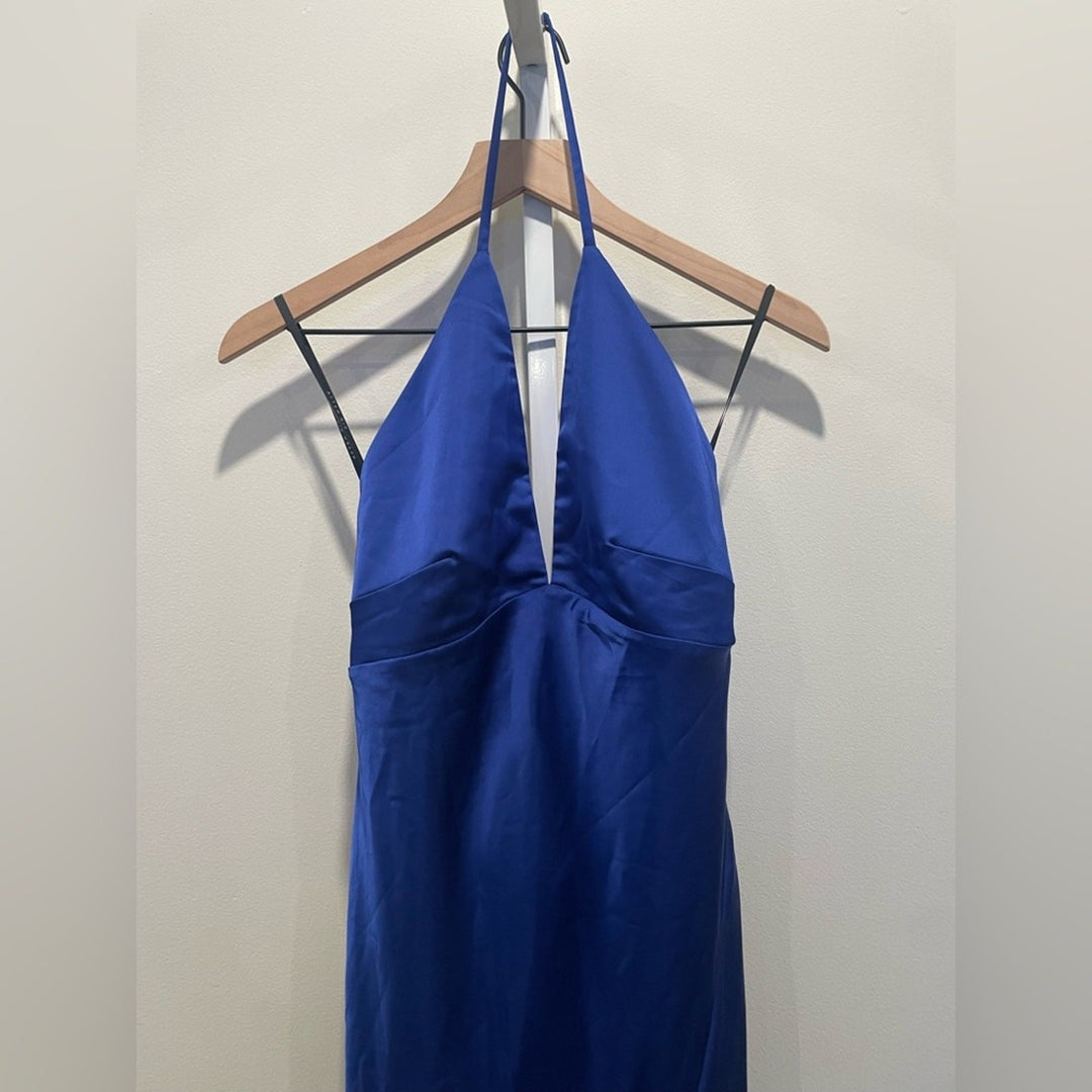 After Six Plunge Halter Open-Back Maxi Bias Dress With Low Back Size M