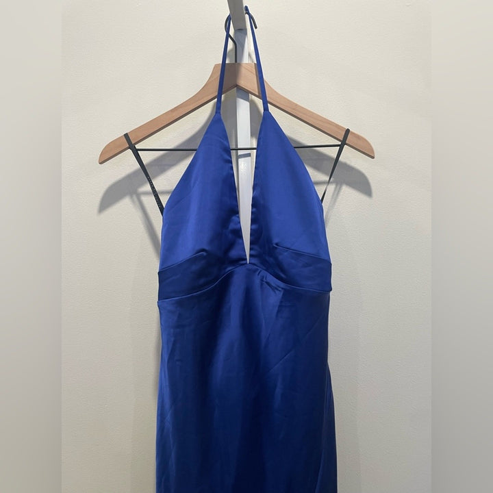 After Six Plunge Halter Open-Back Maxi Bias Dress With Low Back Size M