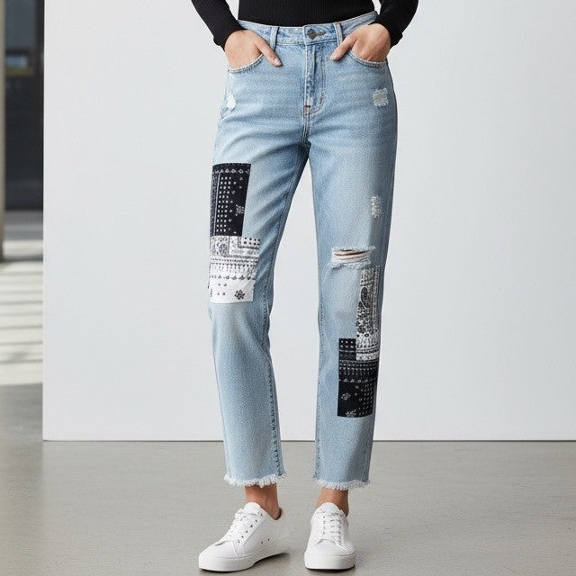 BLANKNYC Madison Crop High Rise Distressed Bandana Patch Jeans Size 25