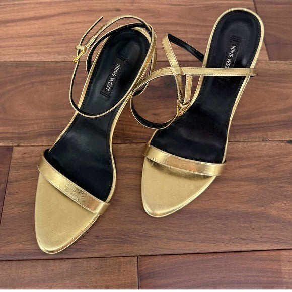 Nine West Gold Ankle Strap Heels Women's Size 9M Party Wedding Stiletto